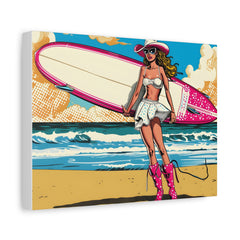 Vintage Pop Art Surf Girl Matte Canvas Wall Art — Beachy Surfboard Poster