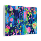 Abstract Neon Floral Canvas Art — Vibrant Blue & Pink Stretched Matte Print