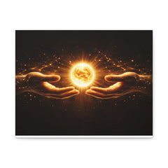 Cosmic Hands Canvas Print — Golden Sun Orb Wall Art, Spiritual Energy Home Decor