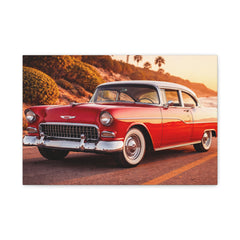 Vintage Red Classic Car Canvas Print — Retro Coastal Wall Art