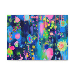 Abstract Neon Floral Canvas Art — Vibrant Blue & Pink Stretched Matte Print