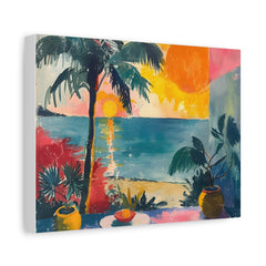 Tropical Sunset Canvas Wall Art — Colorful Beach Palm Print, Matte Stretched 1.25"