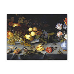 Still Life Fruit & Flowers Matte Stretched Canvas – Classic Baroque Wall Art