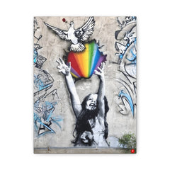 Rainbow Dove Canvas Wall Art — Street Art Girl Reaching for Color, Matte Stretched Print