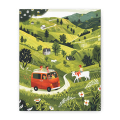 Countryside Road Trip Matte Canvas Wall Art — Green Hills Camper Van & Horse Scene