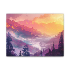 Sunset Mountain Valley Matte Canvas Print — Vibrant Forest Landscape Wall Art