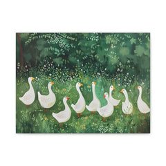 Canvas Wall Art - Whimsical White Geese in Green Meadow (Matte Stretched)