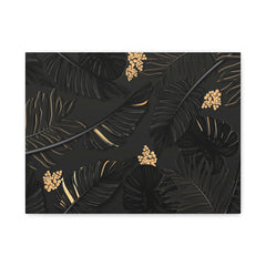 Tropical Noir Canvas Print — Black Palm Leaves with Gold Accents (Matte Stretched)