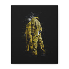 Canvas Wall Art — Double Figure in Yellow Hazmat Suits on Black Matte Stretched Canvas
