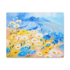 Daisy Meadow Canvas Print — Blue & Yellow Floral Wall Art (Stretched Matte)