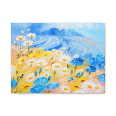 Daisy Meadow Canvas Print — Blue & Yellow Floral Wall Art (Stretched Matte)