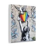 Rainbow Dove Canvas Wall Art — Street Art Girl Reaching for Color, Matte Stretched Print