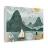 Serene Mountain Lake Canvas Art – Sailboat & Woman Wall Decor