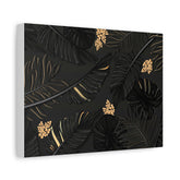 Tropical Noir Canvas Print — Black Palm Leaves with Gold Accents (Matte Stretched)
