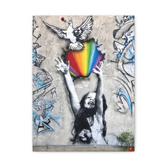 Rainbow Dove Canvas Wall Art — Street Art Girl Reaching for Color, Matte Stretched Print