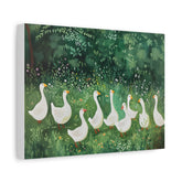 Canvas Wall Art - Whimsical White Geese in Green Meadow (Matte Stretched)