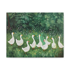Canvas Wall Art - Whimsical White Geese in Green Meadow (Matte Stretched)