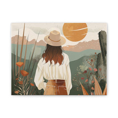 Boho Desert Sunset Canvas Wall Art — Woman in Hat Matte Stretched Canvas
