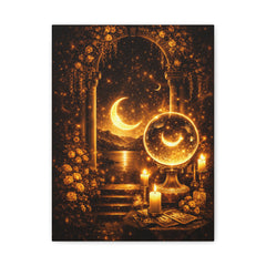 Mystic Moonlit Crystal Ball Canvas Art — Golden Tarot Altar Wall Decor