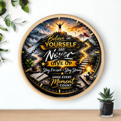 Motivational Wall Clock — "Believe in Yourself and Never Give Up" Inspirational Home Decor