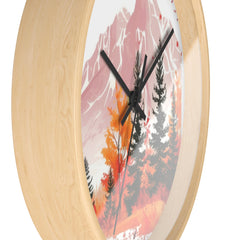 Autumn Mountain Wall Clock — Pink Peaks & Forest Scenic Home Decor