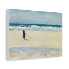 Canvas Wall Art — Coastal Beach Painting with Lone Walker, Matte Stretched Canvas