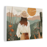 Boho Desert Sunset Canvas Wall Art — Woman in Hat Matte Stretched Canvas