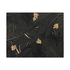 Tropical Noir Canvas Print — Black Palm Leaves with Gold Accents (Matte Stretched)