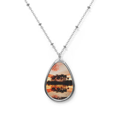 Sunset Lake Oval Pendant Necklace — Scenic Photo Teardrop Jewelry