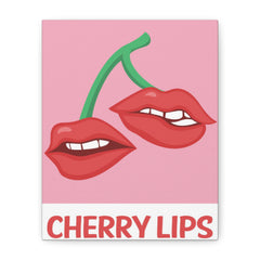 Cherry Lips Canvas Wall Art — Retro Pop Pink Cherry Lip Illustration