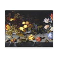 Still Life Fruit & Flowers Matte Stretched Canvas – Classic Baroque Wall Art