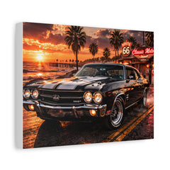 Classic Muscle Car Canvas Print — Route 66 Sunset Wall Art