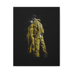 Canvas Wall Art — Double Figure in Yellow Hazmat Suits on Black Matte Stretched Canvas