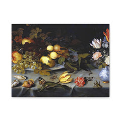 Still Life Fruit & Flowers Matte Stretched Canvas – Classic Baroque Wall Art