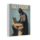 Bathroom Canvas Wall Art – Humorous Superhero on Toilet Matte Stretched Print