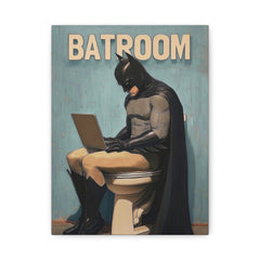 Bathroom Canvas Wall Art – Humorous Superhero on Toilet Matte Stretched Print
