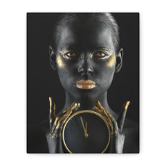 Black & Gold Portrait Canvas - Elegant Woman Holding Clock Wall Art
