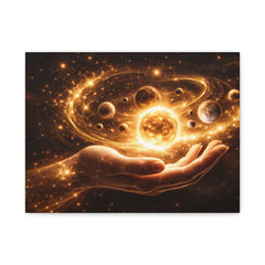 Cosmic Hand Canvas Art — Golden Solar System Wall Decor, Matte Stretched 1.25"