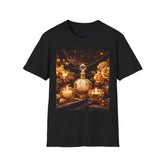Perfume Bottle Still Life T-Shirt — Vintage Floral Golden Glam Tee