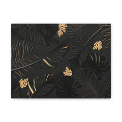 Tropical Noir Canvas Print — Black Palm Leaves with Gold Accents (Matte Stretched)