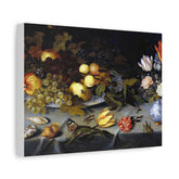 Still Life Fruit & Flowers Matte Stretched Canvas – Classic Baroque Wall Art