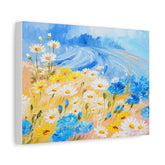 Daisy Meadow Canvas Print — Blue & Yellow Floral Wall Art (Stretched Matte)