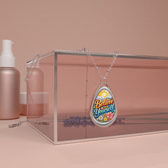 Believe in Yourself Oval Necklace — Inspirational Pendant with Floral Sunrise Design