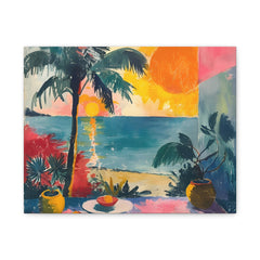 Tropical Sunset Canvas Wall Art — Colorful Beach Palm Print, Matte Stretched 1.25"