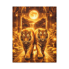 Golden Tiger Canvas Print — Twin Tigers Moonlit Wall Art (Matte Stretched)