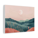 Moonlit Mountain Walk Matte Canvas Print — Serene Pink & Teal Landscape Wall Art