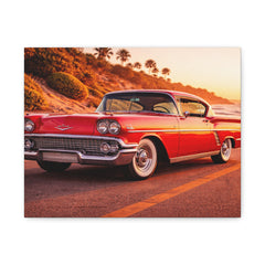 Vintage Red Classic Car Canvas Print — Retro Sunset Automotive Wall Art