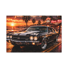 Classic Muscle Car Canvas Print — Route 66 Sunset Wall Art