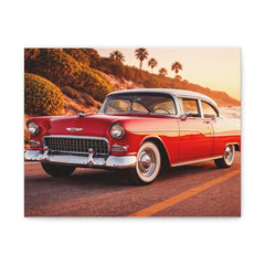 Vintage Red Classic Car Canvas Print — Retro Coastal Wall Art