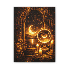 Mystic Moonlit Crystal Ball Canvas Art — Golden Tarot Altar Wall Decor